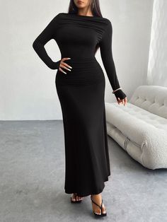 Features: Basic style  Sheer: Opaque  Stretch: Highly stretchy  Body: Not lined  Material composition: 92% viscose, 8% elastane  Care instructions: Machine wash cold. Tumble dry low.  Imported   Size US Length Bust Waist Sleeve Length S 4 53.5 28.3 22.4 22.6 M 6/8 53.9 29.9 24 23 L 10/12 54.3 32.3 26.4 23.4 XL 14 54.7 34.6 28.7 23.8 Elegant Party Dresses, Sleeve Maxi Dress, Coffee Brown, Long Sleeve Maxi, Party Dresses For Women, Basic Style, Collar Dress, Long Sleeve Maxi Dress, Black Maxi Dress