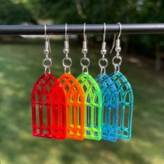 Pair of Laser Cut Window Dangle Earrings * Created from 3mm thick acrylic on a professional grade laser * Each window is 1-1/2" tall by 3/4" wide * 2-1/2" long from top of hook to bottom of the window * Lightweight - each earring is less than an ounce **Looking for another size or color? We can do that! Just message us and we will work together with you to create the perfect earrings! Cathedral Window, Cathedral Windows, Quirky Earrings, Laser Cut Earrings, Cut Earrings, Fun Earrings, The Window, Jewelry Earrings Dangle, Laser Cut