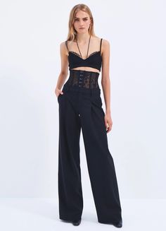 Lace Bustier Trousers in Black Fitted High Waist Wide Leg Pants For Date Night, High-waisted Pants With Belt Loops For Date Night, Fitted Wide-leg Pants For Night Out, Spring Evening Cropped Bottoms, Elegant Cropped Bottoms For Formal Wear, Elegant Cropped Bottoms For Formal Occasions, Elegant Formal Cropped Bottoms, Chic Cropped Bottoms For Formal Occasions, Fitted Wide Leg Pants For Spring Date Night