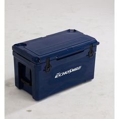 a blue cooler sitting on top of a white floor