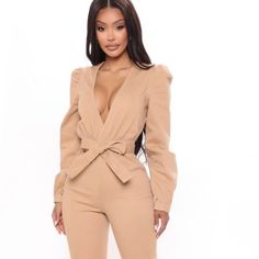 Fashion Nova Nwt Jumpsuit Khaki Denim Jumpsuit New With Tags Adjustable Straps Around Ankle And Waste V-Neck Size Small Chic Fitted V-neck Pantsuit, Fitted Spring Workwear Bodysuit, Summer Long Sleeve Fitted Pantsuit, Fitted Long Sleeve Summer Pantsuit, Fitted Spring Bodysuit For Work, High Waist Bodysuit For Work, Fall Bodysuit For Workwear, Chic High Waist Bodysuit For Fall, Fitted Trendy Pantsuit For Fall