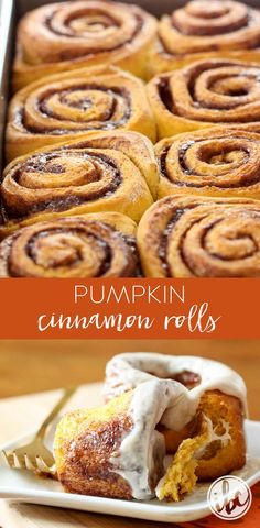 pumpkin cinnamon rolls with icing on a white plate