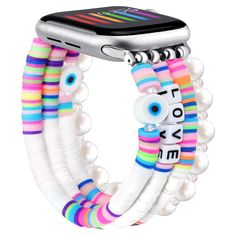 an apple watch with colorful bracelets attached to it