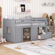 a child's bedroom with a bunk bed and toys on the floor