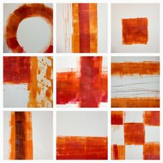 nine different orange and red paintings on white paper