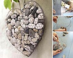 several pictures showing how to make a heart - shaped rock planter with wire netting