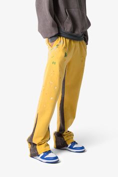 Contrast Bootcut Sweatpants - Yellow Multicolor Wide Leg Streetwear Bottoms, Multicolor Wide Leg Bottoms For Streetwear, Multicolor Sweatpants For Streetwear In Spring, Multicolor Straight Leg Bottoms For Streetwear, Multicolor Straight Leg Pants For Streetwear, Straight Leg Color Block Bottoms For Spring, Color Block Straight Leg Bottoms For Spring, Spring Straight Leg Color Block Pants, Casual Full-length Pants With Contrast Stitching