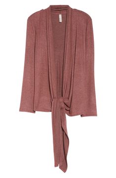 Change your look whenever you want in this draped-front cardigan that you can tie in front, in the back or just leave open for a flowy finish. 28 1/2" - 52 1/2" length (size M) Open front Collarless Long sleeves 70% rayon, 26% polyester, 4% spandex Machine wash, dry flat Imported Encore Fall Wrap Top, Fall Layering Wrap Top, Spring Faux Wrap Cardigan, Layering Wrap Top, Chic Wrap Shrug For Fall, Casual Wrap Shrug For Fall, Chic Fall Wrap Shrug, Faux Wrap Top For Fall, Versatile Open Front Fall Shrug