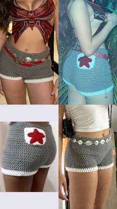 two pictures of women in crocheted shorts and one has a red star on the side