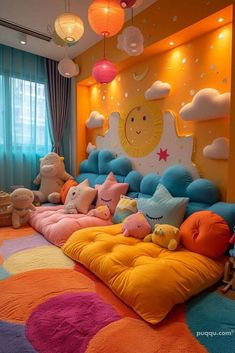 this is a colorful bedroom with lots of pillows