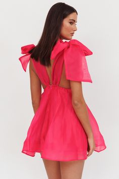 Fuchsia mini dress Fully lined Bust padding Tied shoulders Elasticated back Front V anti-slip tape Zipper in back You will be flooded with compliments in our gorgeous and best-selling Chantilly dress. Obsessed is an understatement when it comes to those bow-tied shoulders! Perfect for a special occasion or birthday soiree! Team it with silver heels and a clutch for an unforgettable look. MODEL INFO Model is wearing size XS Height: 5'7" Bust: 32.0" Waist: 24.0" Hips: 33" CARE Hand Wash Cold. Do N Chantilly Dress, Birthday Soiree, Silver Heels, Special Occasion, Hand Wash, Fashion Accessories, Things To Come, Mini Dress, Zipper