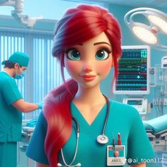 a cartoon character with long red hair and blue scrubs standing in a hospital room