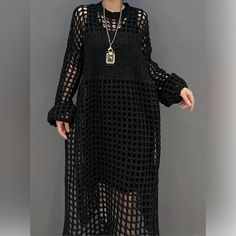 Chic Open Weave Hallow Out Crochet Sweater Dress With Side Slits Solid Black - Simply Fabulous **Please Note That No Offers Will Be Sent But I Will Gladly Consider Yours, And If You Want Me To Send One On Clear The Closet Day, I’ll Be Happy To Do So That Way You Can Save On Shipping Too Size: 2x (Refer To Images For Measurements) Can Be Used As Top, Cover-Up Or Dress Stylish Crew Neck Drop Shoulders Open Knit / Semi-Sheer Thick Crochet Long Sleeve Loose Fitting Oversized Comfy Soft Feeling Some Mode Crochet, Crochet Inspo, Fashion Revolution, Mua Sắm, Plus Size Kleidung, Clothes Patterns, Knit Midi Dress, Long Sleeve Midi, Long Sleeve Midi Dress