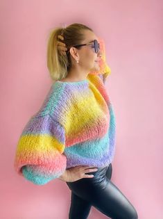 Mohair Sweater Colorful, Multicolor Sweater, Rainbow Knit Sweater, Mohair Stripe Sweater Women, Knitwear, Colorful Sweaters, Mohair Pullover - Etsy Trendy Multicolor Cropped Sweater For Winter, Trendy Multicolor Cropped Sweater With Crew Neck, Trendy Multicolor Crew Neck Cropped Sweater, Trendy Multicolor Cropped Sweater For Fall, Trendy Rainbow Long Sleeve Sweater, Trendy Long Sleeve Rainbow Sweater, Multicolor Soft Knit Crew Neck Sweater, Multicolor Crew Neck Soft Knit Sweater, Trendy Multicolor Soft Knit Sweater