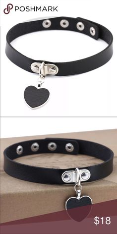 NEW! Black Leather Heart Choker Necklace Black Leather & Metal Detail  Adjustable w snap button closure  NEW in package   Tags: Black Heart Choker Necklaces for Women Trendy Goth choker Punk PU Leather Collar Accessories gothic festival  jewelry Jewelry Necklaces Black Heart Charm Choker For Valentine's Day, Black Metal Choker For Valentine's Day, Black Heart-shaped Metal Choker, Black Heart-shaped Emo Choker, Trendy Black Heart Choker, Trendy Black Heart-shaped Choker, Adjustable Black Choker With Heart Charm, Choker Ideas, Leather Heart Choker