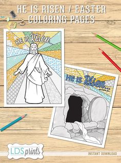 an easter coloring page with the image of jesus on it and colored pencils next to it