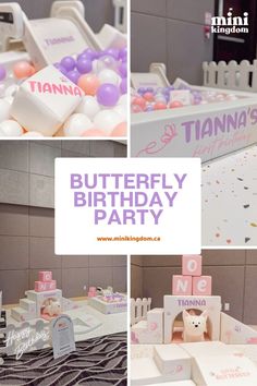 there is a butterfly birthday party with lots of decorations