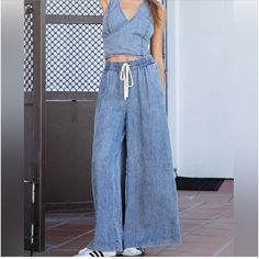 Barrington Wide Leg Drawstring Pants Fabric Contents: 100% Tencel Light Wash Casual Summer Pants, Casual Light Wash Pants For Summer, Trendy Light Wash Wide Leg Pants For Summer, Casual High Rise Wide Leg Pants For Summer, Casual High Rise Wide Leg Pants For Spring, Spring High Rise Wide Leg Casual Pants, Spring Casual High Rise Wide Leg Pants, Spring High Rise Leather Pants, Relaxed Fit Washed Blue Pants For Summer