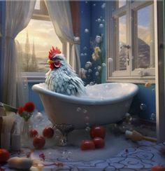 a chicken sitting in a bathtub surrounded by tomatoes