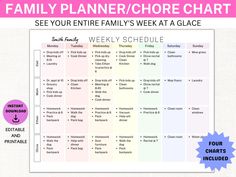 a family planner with the words, family planner chart see your entire family's week at