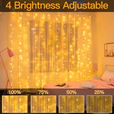 four bright lights are on the wall above a bed in front of a window with sheer curtains