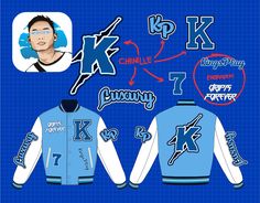 Trendy Blue Varsity Jacket With Letter Print, Trendy Blue Varsity Jacket For Streetwear, Customizable Winter Outerwear For Streetwear, Casual Customizable Outerwear For Streetwear, Casual Customizable Blue Outerwear, Streetwear Varsity Jacket, Design Clothing Brand, Varsity Jacket Design, Senior Jackets