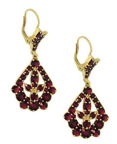 Victorian Bohemian Garnet Leaf Drop Earrings in 14 Karat Yellow Gold and Sterling Silver Vermeil - Item: E139S #antiquejewelrymall #victorianearring #bohemiangarnet #garnetdropearring