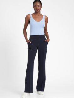 FLARE FIT: A high rise pant, cut slim from hip to knee with a flared leg.  WASHABLE STRETCH: Engineered with extra stretch for all-day comfort, in a machine-washable fabrication so you can skip the dry cleaners.  EXTRA LENGTH: Our designers cut these with a little extra length so you can wear them with heels.  Zip fly with hook and bar closure.  Front pockets.  Unlined.  High-rise (10. 75").  Fitted through the hip and thigh.  Flared leg starts at the knee.  Full length.  Inseams: Petite/Short 3 Pant Flare, Flare Pant, Petite Shorts, Dry Cleaners, Leg Stretching, High Rise Pants, Tag Sale, Flare Pants, Summer Wardrobe