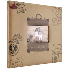 a cardboard box with an image of two people in it and some stamps on the inside