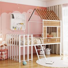 a child's bedroom with pink walls and white furniture, including a bunk bed