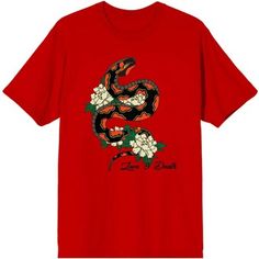 Show off your love of nature and your boho style with this awesome tee! This vibrant shirt showcases original artwork of a snake coiled around colorful flowers. This comfy shirt is made of premium cotton, and is professionally printed to ensure long-lasting color and print quality. It can be machine washed in cold water with like colors, and tumble dried on low for easy and convenient care. The Celestial Tropics Snake And Flowers Men’s Red T-Shirt makes a cool and comfortable addition to any nat Bohemian Red Cotton T-shirt, Red Bohemian Cotton T-shirt, Snake And Flowers, Snake Coiled, Sleeve Packaging, Comfy Shirts, Red T Shirt, A Snake, Red T