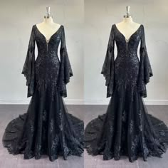 Gothic Black Wedding Dresses Flared Sleeve V Neck Sweep Train A Line Bridal Gown.  "This pin contains affiliate links, which means I may earn a commission at no cost to you extra for you". 
 #affiliate #advertising" Goth Princess Wedding Dress, Simple Goth Wedding Dress, Black Wedding Dress Bell Sleeve, Gothic Reception Dress, Black Lace Wedding Dress Vintage, Gothic Bride Wedding Dress, Whimsy Goth Wedding Dress, Black Wedding Dresses Long Sleeve, Black Bell Sleeve Wedding Dress