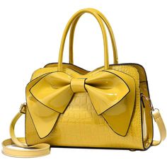 PRICES MAY VARY. ①FEATURES:Design in a stylish silhouette.Crafted from shiny patent leather,lined with polyester fabric.Delicate bow decoration.Bottom anti-slip and anti-abrasion rivets.Wear it to add a chic punctuation to any look. ②SIZE:Handbag:11.8(L)x4.7(W)x7.8(H)inches,Handle:4.7inches.The weight about:1.87LB/0.85KG. ③POCKETS:Handbag:1xMain pocket,1xCell phone pocket,1xID pocket,1xInside zip pocket,1xCompartment zipped pocket,1xBack zipper pocket.Can accommodate daily necessities such as fo Mini Umbrella, Mothers Bag, Party School, Shopping Party, Yellow Handbag, Handbag Patterns, Cross Bag, Women Bags Fashion, Female Friends