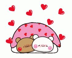 two teddy bears sleeping under a blanket with hearts