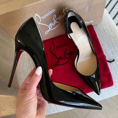 New In Box Size: 39.5 Eu / 9.5 Us Color: Black Patent Leather Heel Height: 4” Pointed Toe Stiletto Heel 0484 Christian Louboutin Iriza, Pretty Heels, Pinterest Ideas, Louboutin Heels, Hot Heels, Red Sole, Patent Leather Heels, Red Bottoms, Black Patent Leather