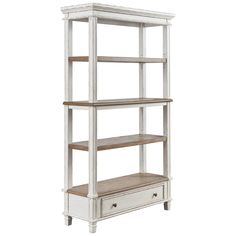 a white bookcase with drawers and drawers on it's sides, against a white background