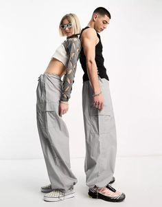 Weekday Unisex parachute baggy pants in gray exclusive to ASOS | ASOS Gray Baggy Pants, People Poses, Baggy Trousers, Baggy Pants, Baggy Pant, Maxi Dress Trend, Plus Size Pregnancy, Unisex Style, Skirted Swimwear