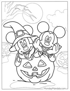 mickey mouse and minnie pumpkin coloring pages for kids to color on the halloween day with