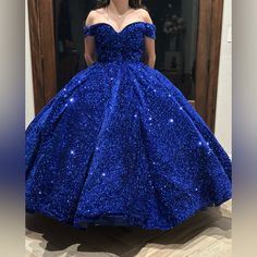 Sparkly Royal Blue Quinceanera Dress Off Shoulder Sequin Ruffle Size 12 (L) Bust 38 1/2 Waist 31 Hips 41 1/4 Hollow To Flow 59 1/4 Royal Blue Quince Dress, Blue Quince Dress, Blue Quinceanera Dress, Royal Blue Quinceanera Dresses, Royal Blue Quince, Royal Blue Quinceanera, Blue Quinceanera, Blue Quince, Quince Dress