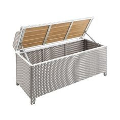 an outdoor wicker storage box with wooden lid and handles on the sides, in grey