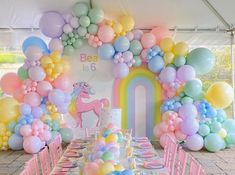 a unicorn themed birthday party with pastel colors and balloons