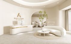 the interior of a modern salon with white furniture and large round mirror on the wall