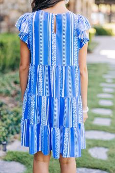 It's just a feeling but we really think this dress is perfect for you! Those multiprinted stripes are so funky fun! The tiered fit is also really nice flowy making it perfect or the upcoming warm weather! This dress features a round neckline, short ruffled sleeves, Aztec printed stripes, and a tiered body. Material has no amount of stretch.Cindy is wearing the small. Mint Julep Boutique, Mint Julep, Ruffled Sleeves, Striped Dress, Warm Weather, Round Neckline, Royal Blue, Really Cool Stuff, Casual Dress