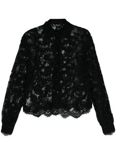 black floral-lace detailing semi-sheer construction scallop frayed edges classic collar long sleeves buttoned cuffs unlined front button fastening Luxury Long Sleeve Tops With Lace Trim, Formal Long Sleeve Blouse With Scalloped Lace, Formal Long Sleeve Lace Top, Lace Button-up Blouse With Lace Cuffs, Long Sleeve Lace Blouse With Scalloped Details, Long Sleeve Lace Blouse With Scalloped Lace, Formal Long Sleeve Lace Top With Lace Trim, Formal Long Sleeve Tops With Scalloped Lace, Long Sleeve Lace Top For Workwear