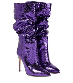 Purple Boots For Fall Party, Purple Heeled Boots For Fall Party, Luxury Fall Boots For Parties, Luxury Boots For Fall Party, Chic Purple Pointed Toe Boots, Snake Print Boots For Fall Party, Purple Heeled Boots For Winter Party, Elegant Snake Print Boots For Party, Glamorous High Heel Purple Boots