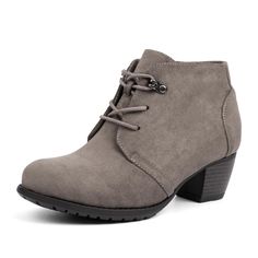 a women's gray ankle high boot with laces on the side and heel