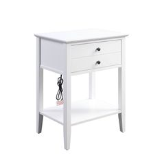 a white nightstand table with two drawers and one drawer on the bottom, in front of a white background