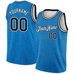 a blue basketball jersey with the name team name on it and an image of a wave pattern