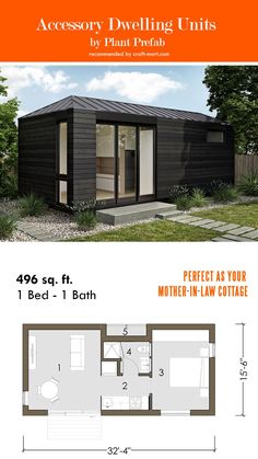 the floor plan for a tiny house with an attached bathroom and living room, as well as