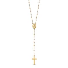 A bold statement of faith, this rosary inspired beaded necklace features a medallion of the blessed virgin and a powerful cross. Fashioned in 14K tri-tone gold, the 17-inch beaded chain secures in place with a lobster clasp. Gold Necklace With Miraculous Medal And Round Beads, Yellow Gold Cross Necklace With Miraculous Medal, Gold Crucifix Necklace With Miraculous Medal, Yellow Gold Crucifix With Miraculous Medal, Gold Credit Card, Statement Of Faith, Cross Rosary, Gold Rosary, Jared The Galleria Of Jewelry